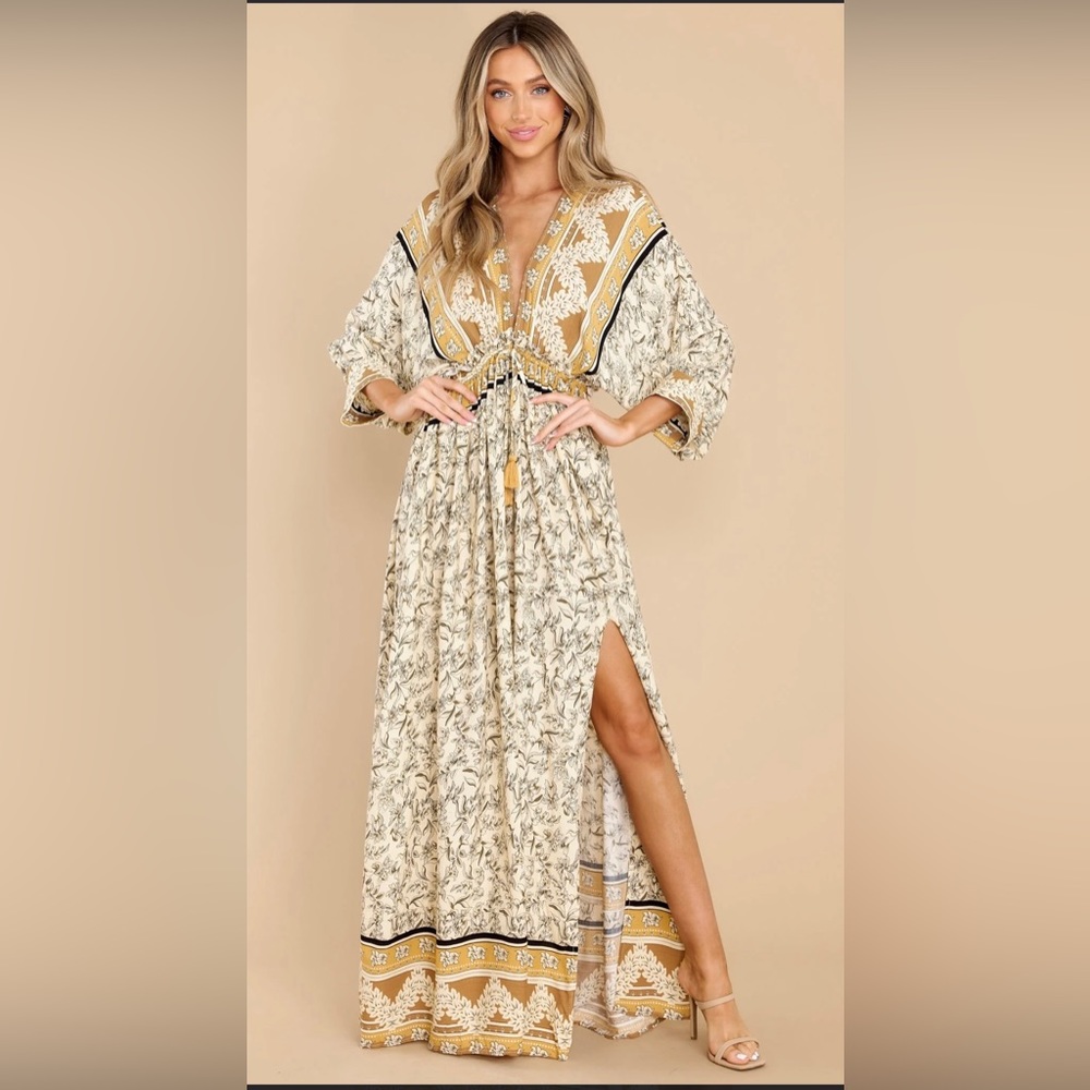 Too Close Beige Multi Print Maxi Dress